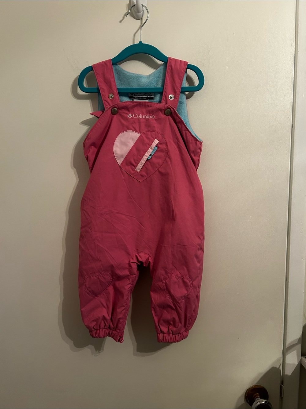 Columbia Girls Pink Insulated Bib Overalls with Light Pink Heart Patch